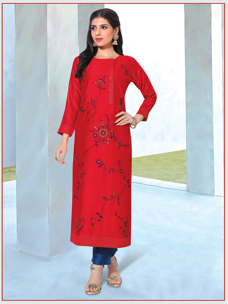 Red Embroidered Kurta with Pant