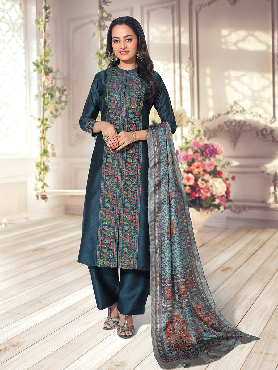 Navy Blue Kurta with Palazzo & Printed Dupatta