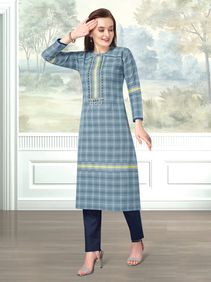 Blue Checked Embroidered Kurta with Pant