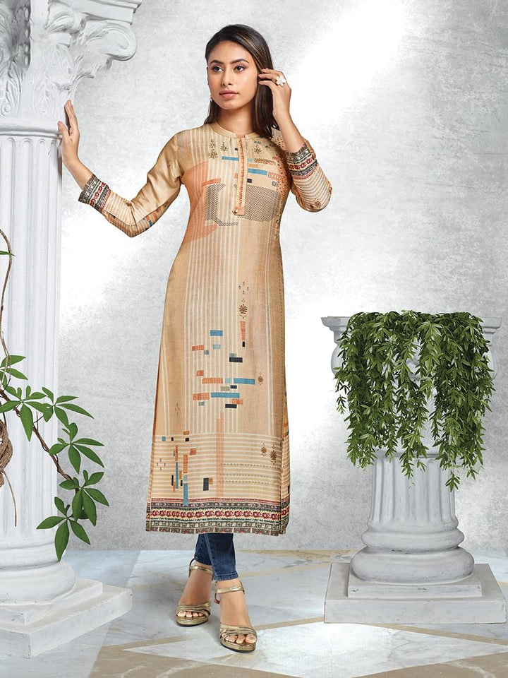Beige Embroidered  & Printed Tunic