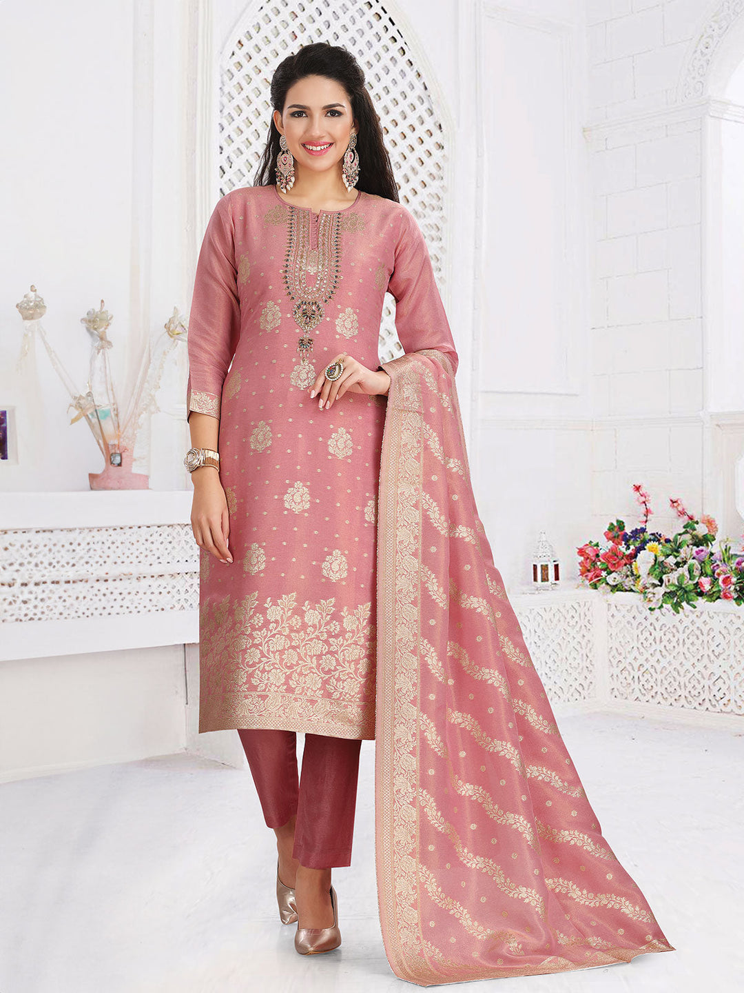 Jacquard Silk Kurta Set with Dupatta-Pink