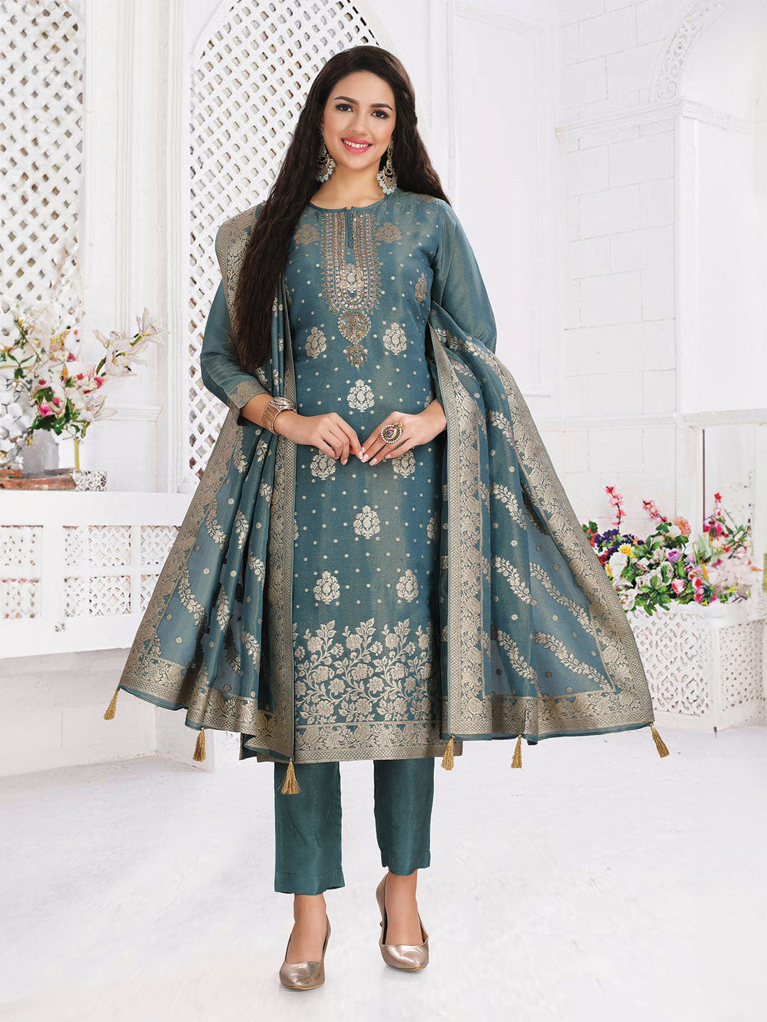 Jacquard Silk Kurta Set with Dupatta-Blue