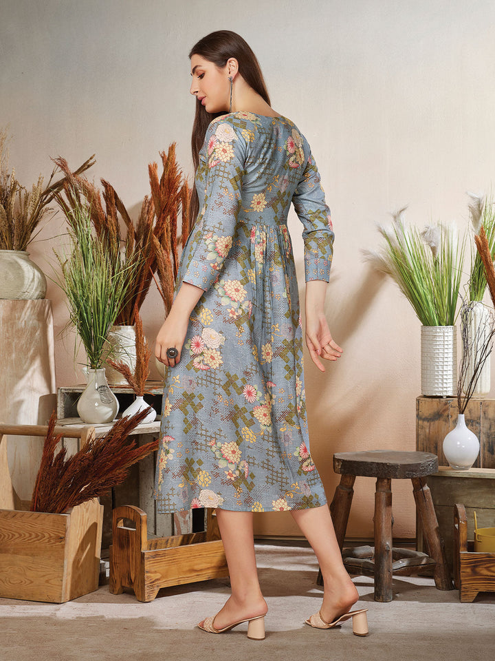 Grey Floral Linen Midi-Dress