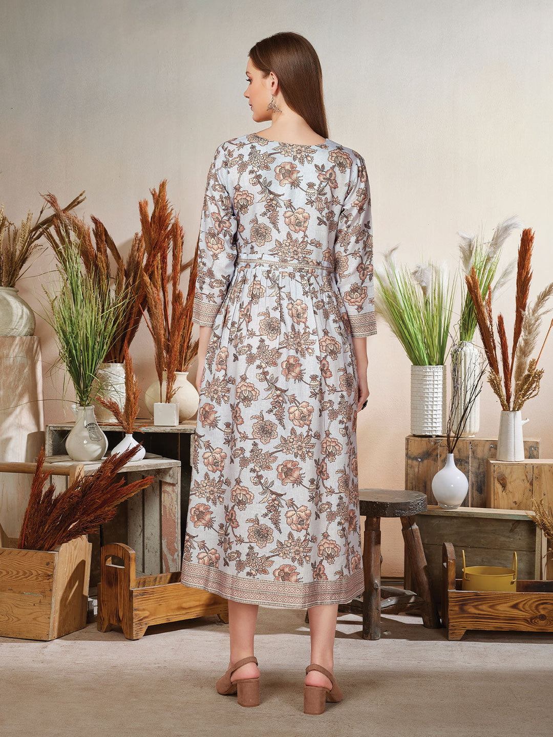 Grey Floral Print Linen Midi-Dress