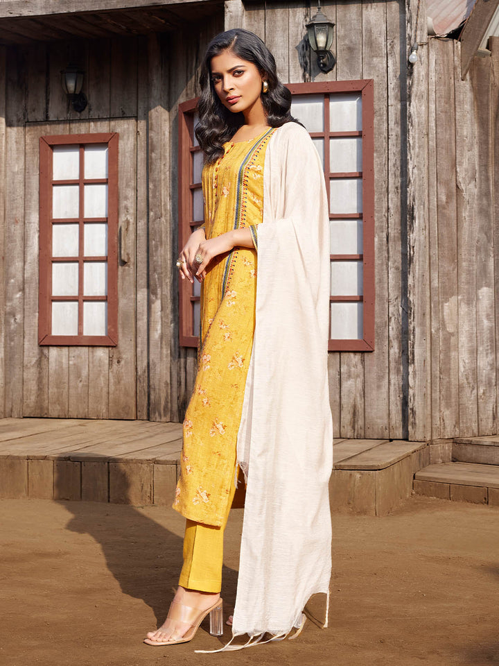 Yellow Linen Kurta Set with Dupatta