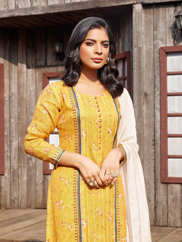 Yellow Linen Kurta Set with Dupatta