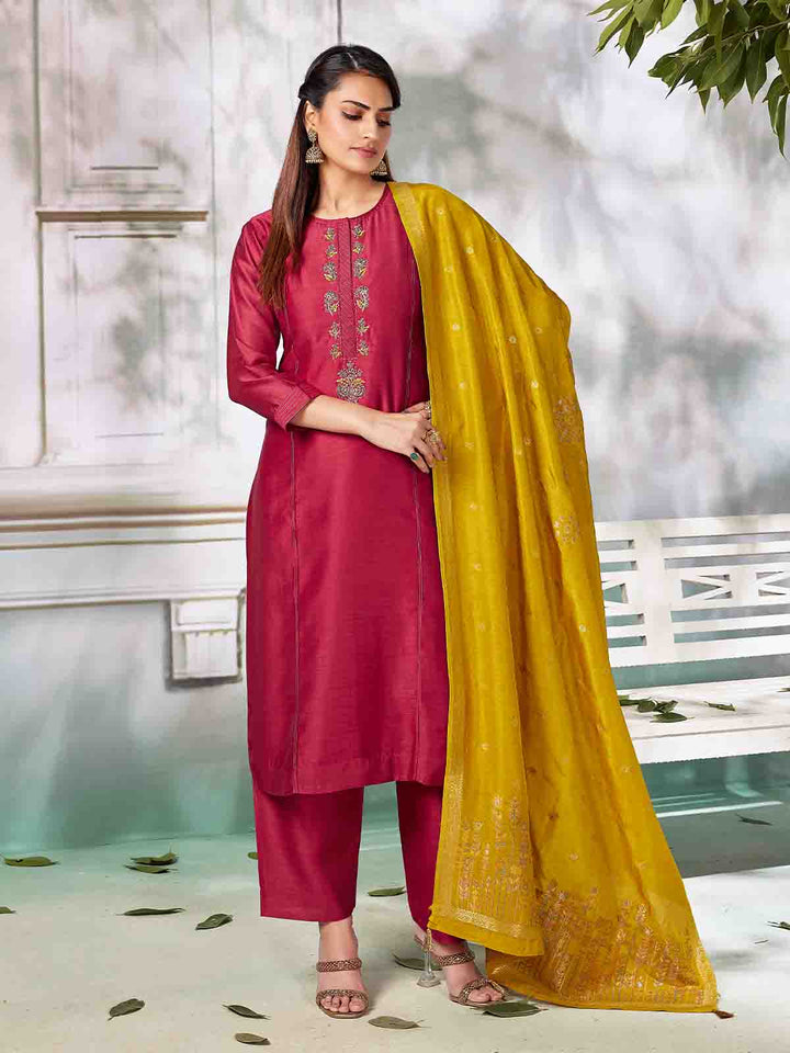 Deep Magenta Pink Semi Silk Suit Set