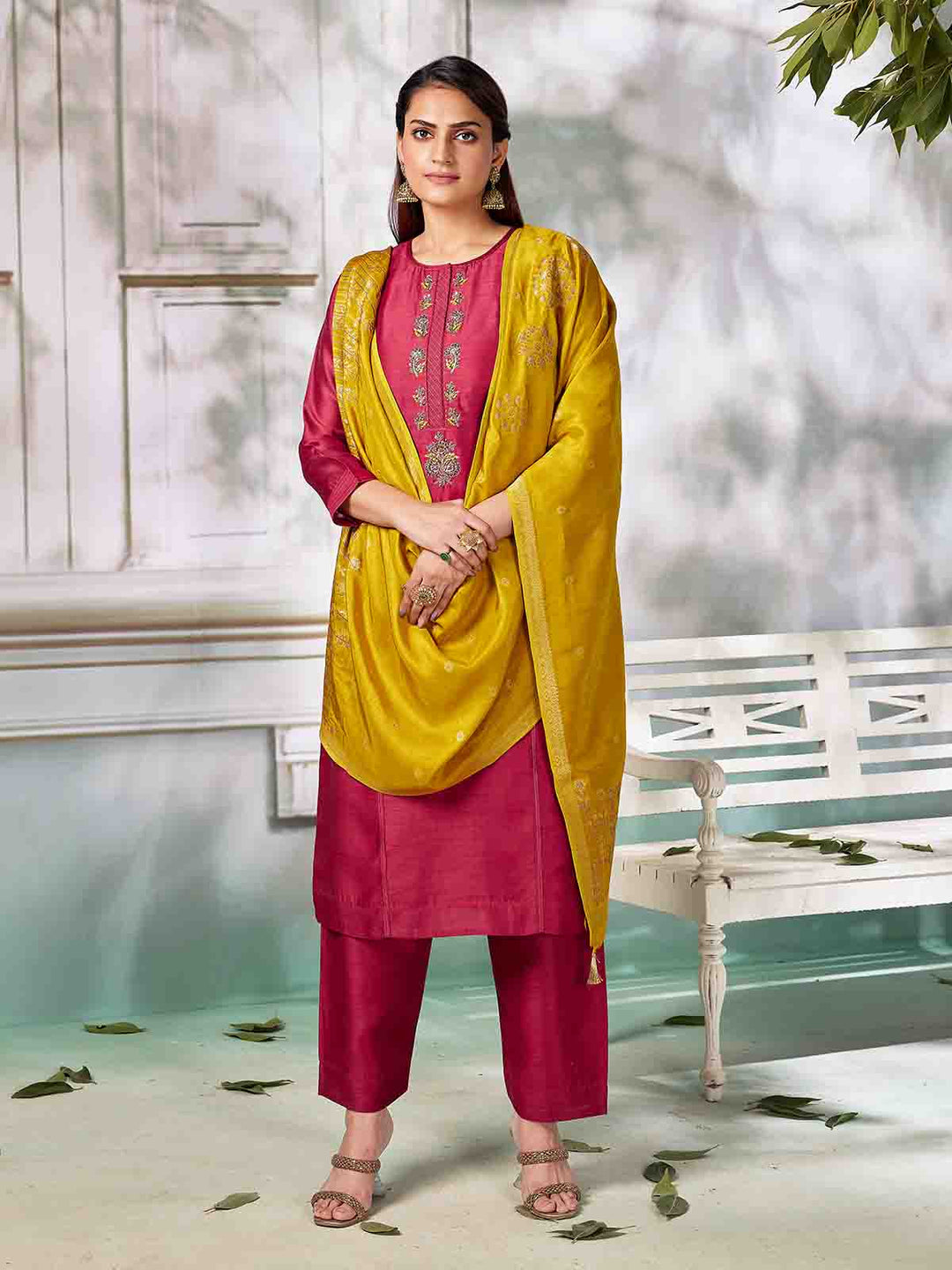 Deep Magenta Pink Semi Silk Suit Set