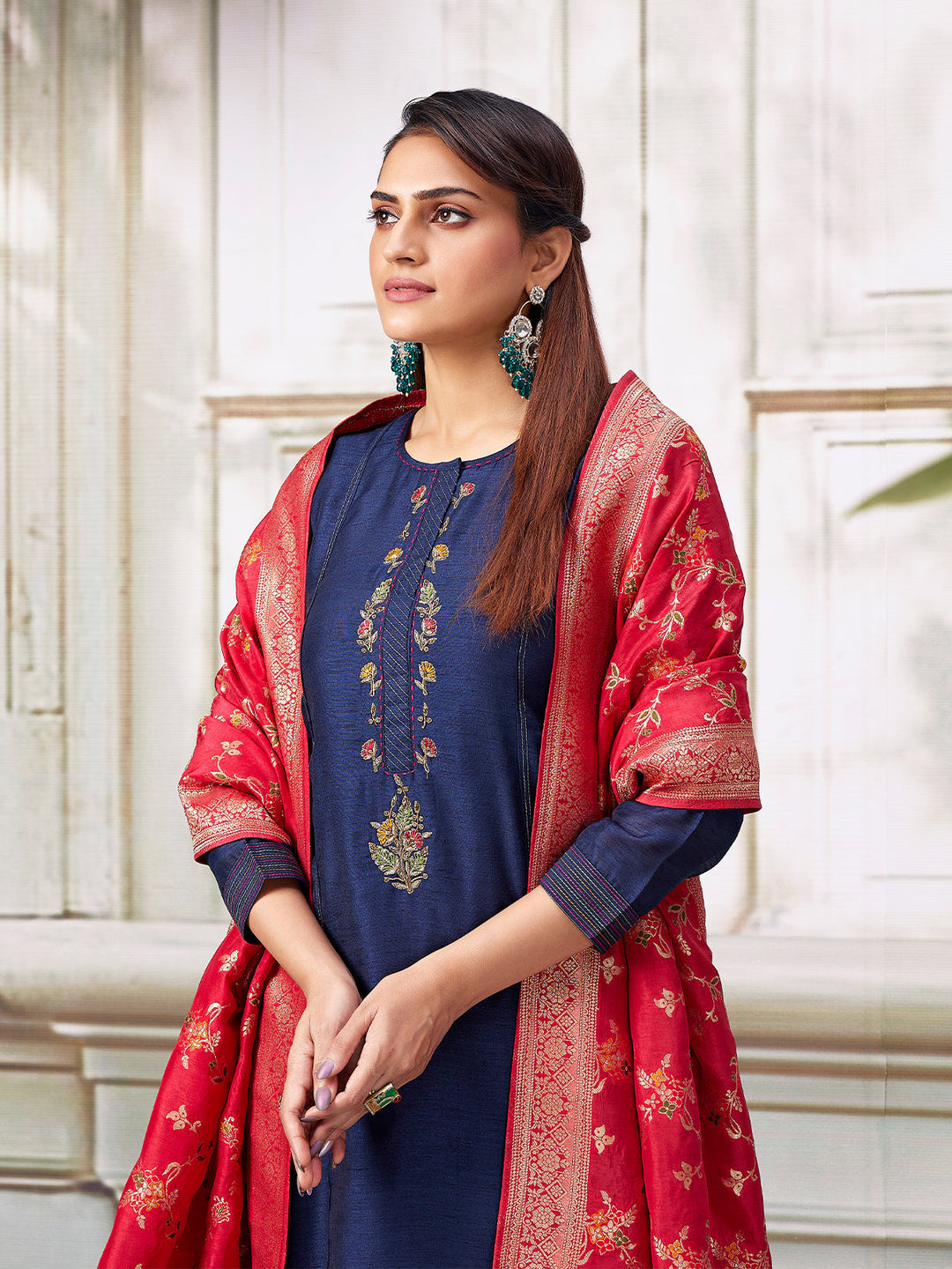 Navy Blue Semi Silk Suit Set