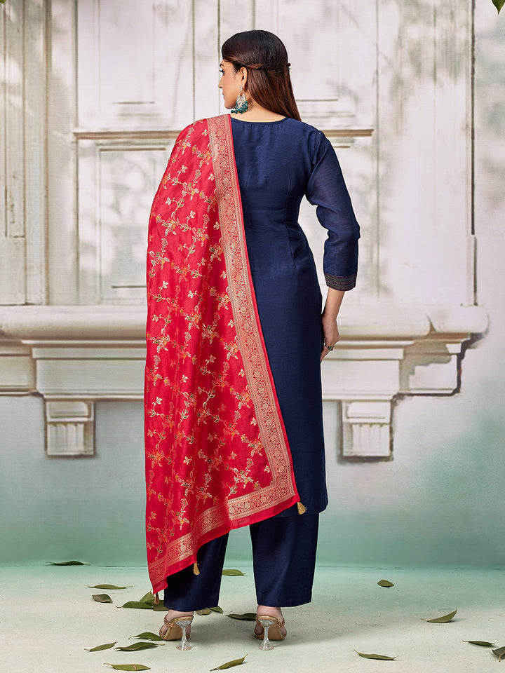 Navy Blue Semi Silk Suit Set