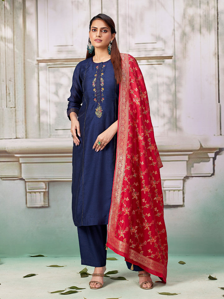 Navy Blue Semi Silk Suit Set