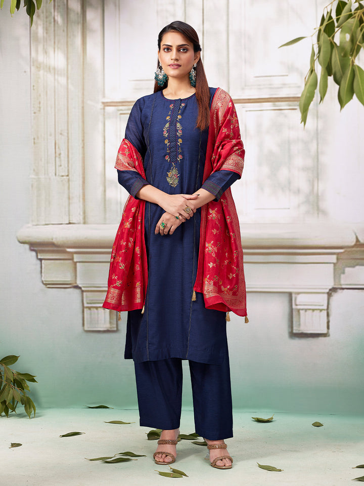 Navy Blue Semi Silk Suit Set