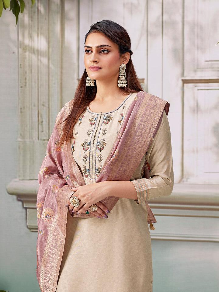 Beige Semi Silk Suit Set