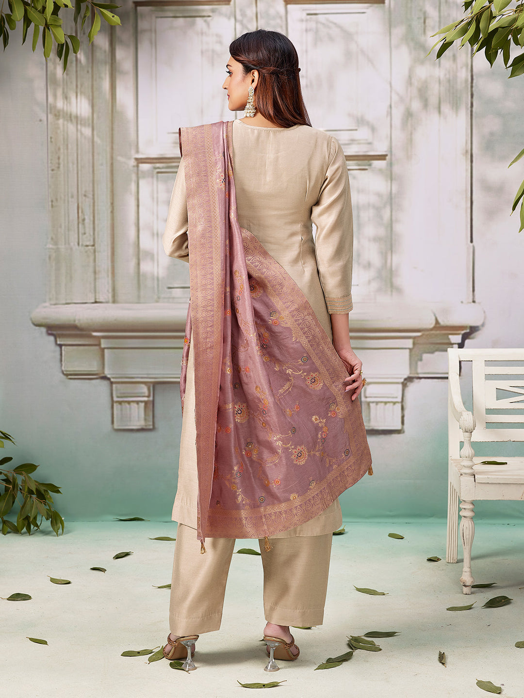 Beige Semi Silk Suit Set