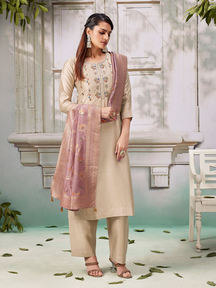 Beige Semi Silk Suit Set