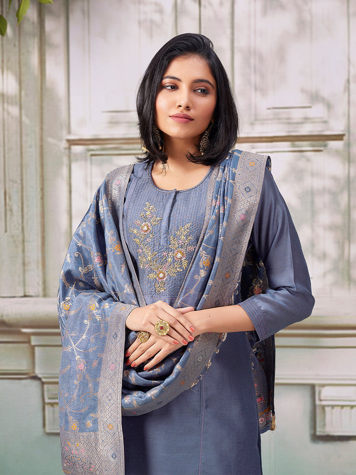 Slate Blue Semi Silk Suit Set