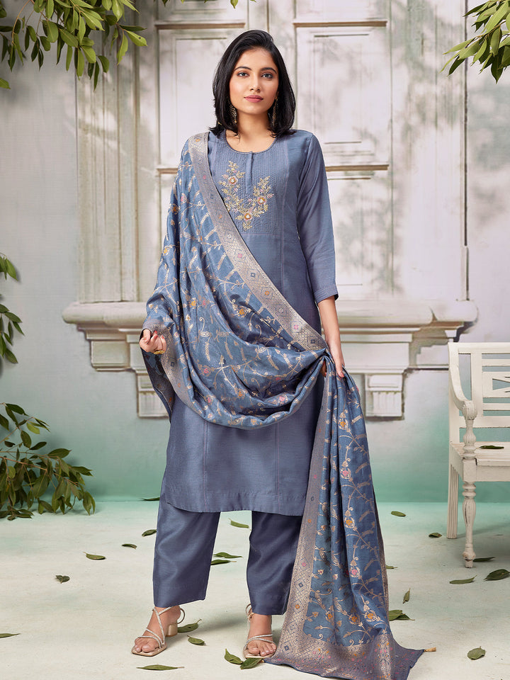 Slate Blue Semi Silk Suit Set