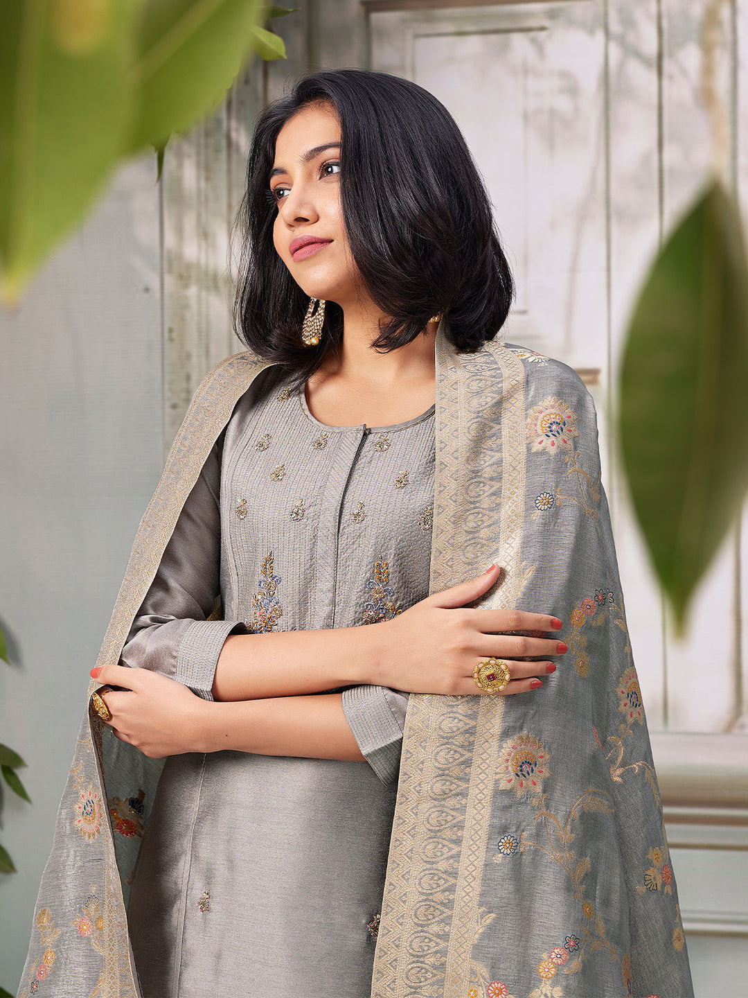 Steel Grey Semi Silk Suit Set