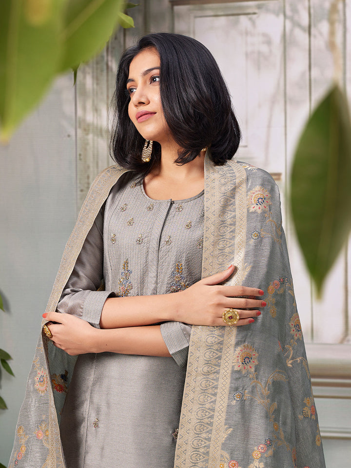 Steel Grey Semi Silk Suit Set