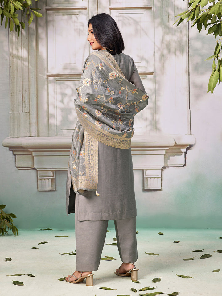 Steel Grey Semi Silk Suit Set