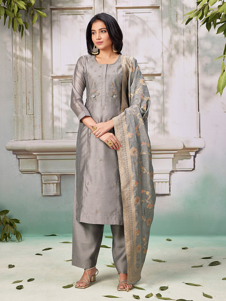 Steel Grey Semi Silk Suit Set