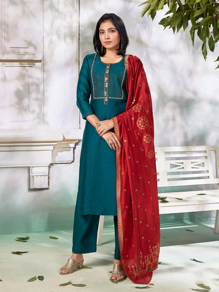 Peacock Green Semi Silk Suit Set