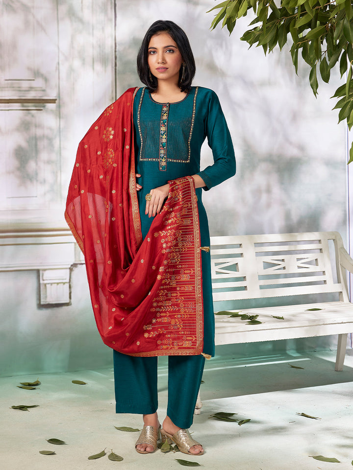 Peacock Green Semi Silk Suit Set