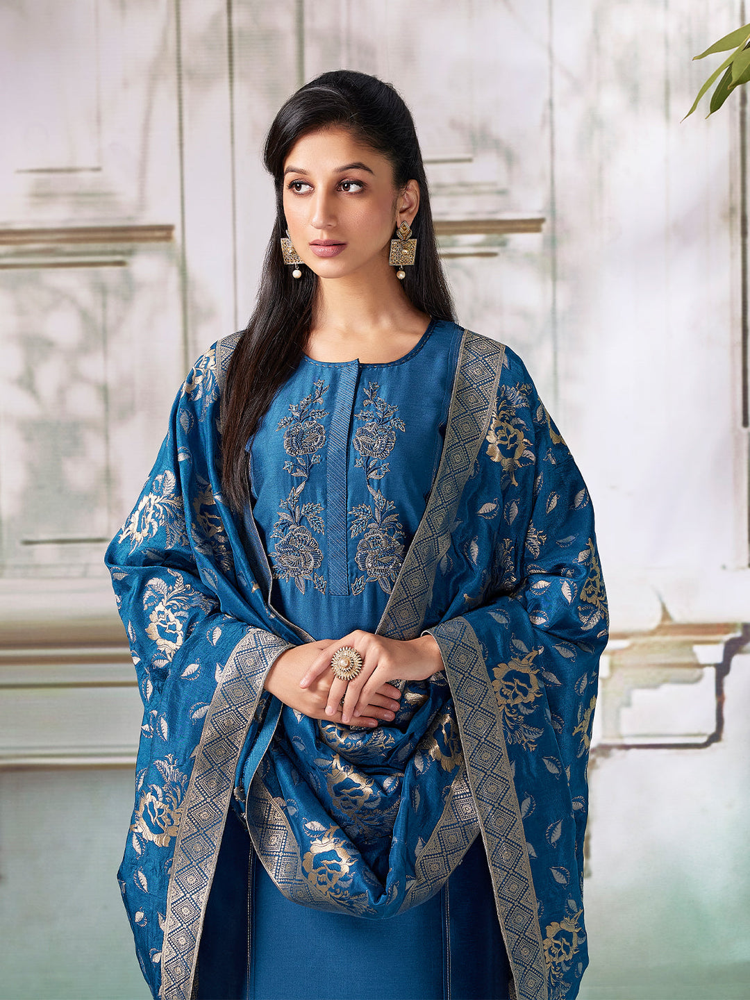 Bright Blue Semi Silk Suit Set