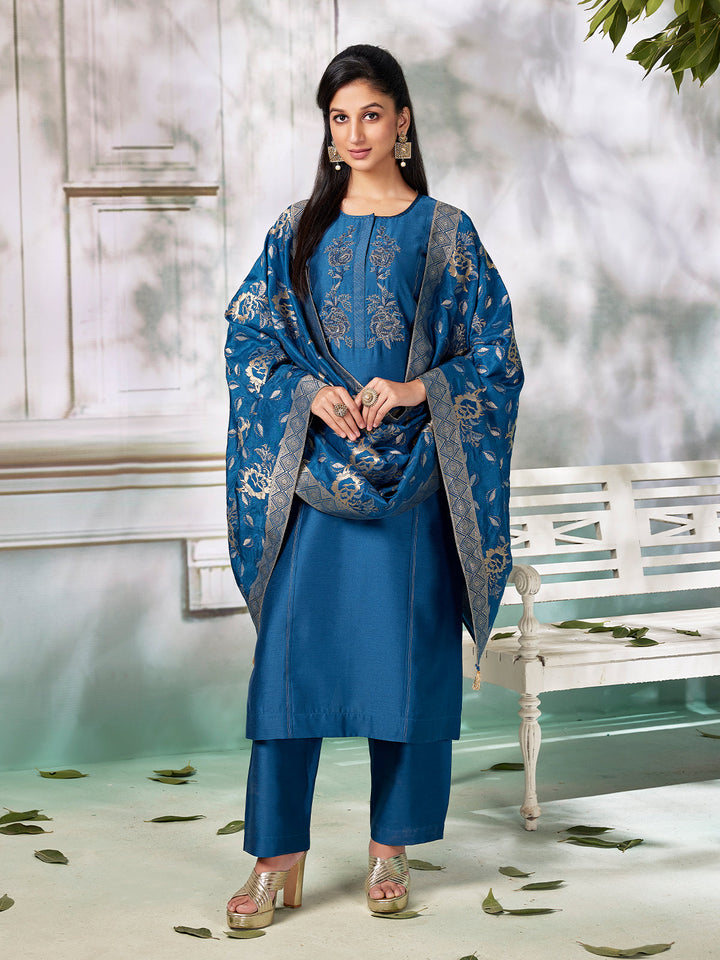 Bright Blue Semi Silk Suit Set