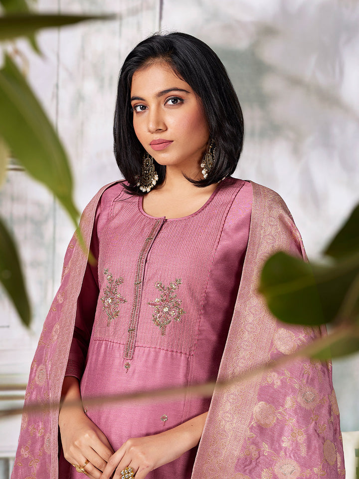 Mauve Pink Semi Silk Suit Set