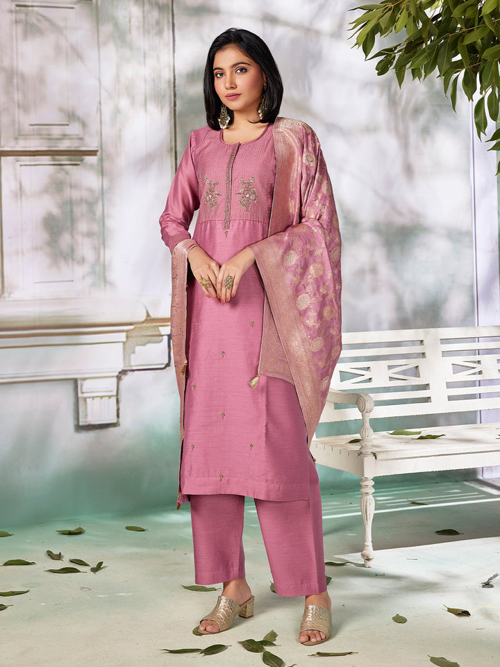 Mauve Pink Semi Silk Suit Set