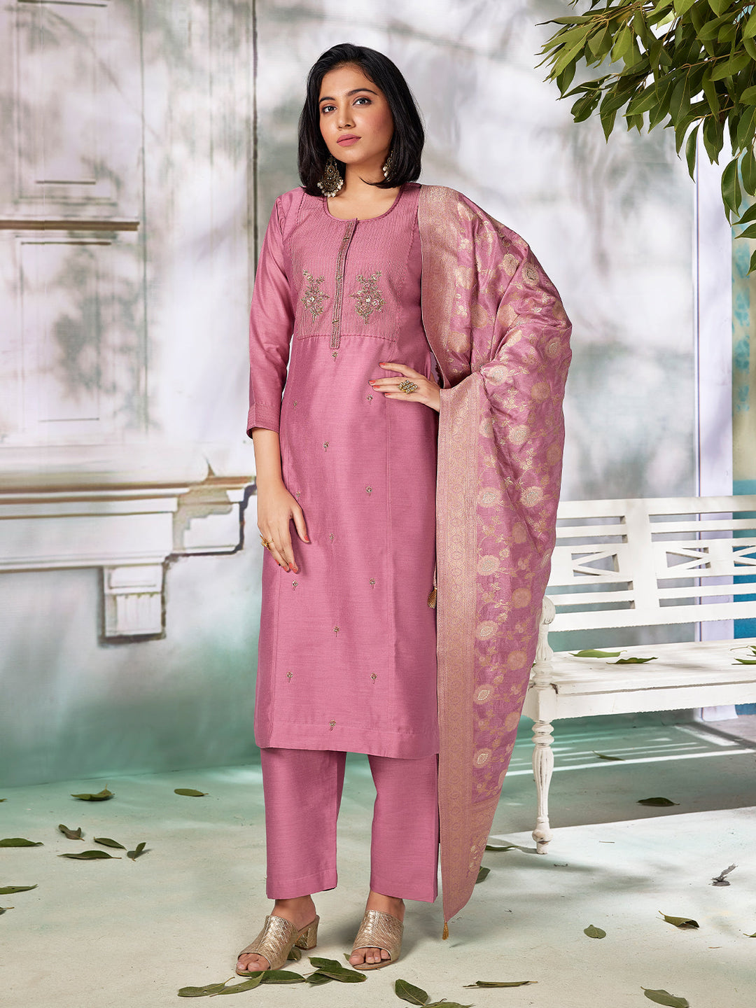 Mauve Pink Semi Silk Suit Set