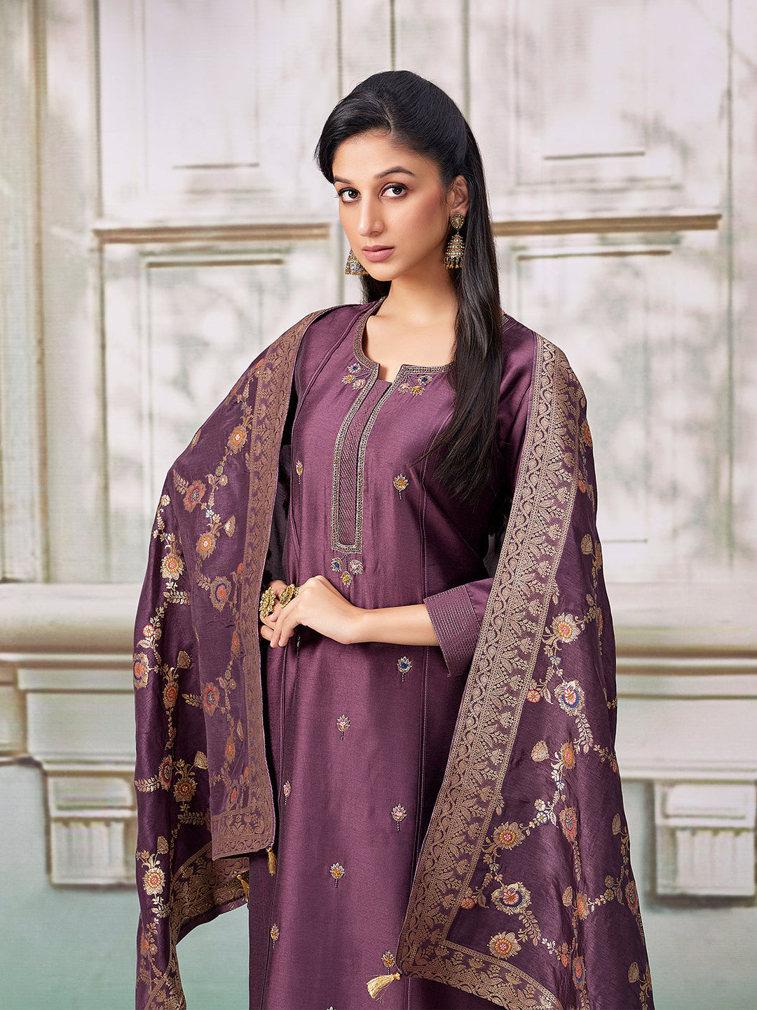 Wine Semi Silk Suit Set