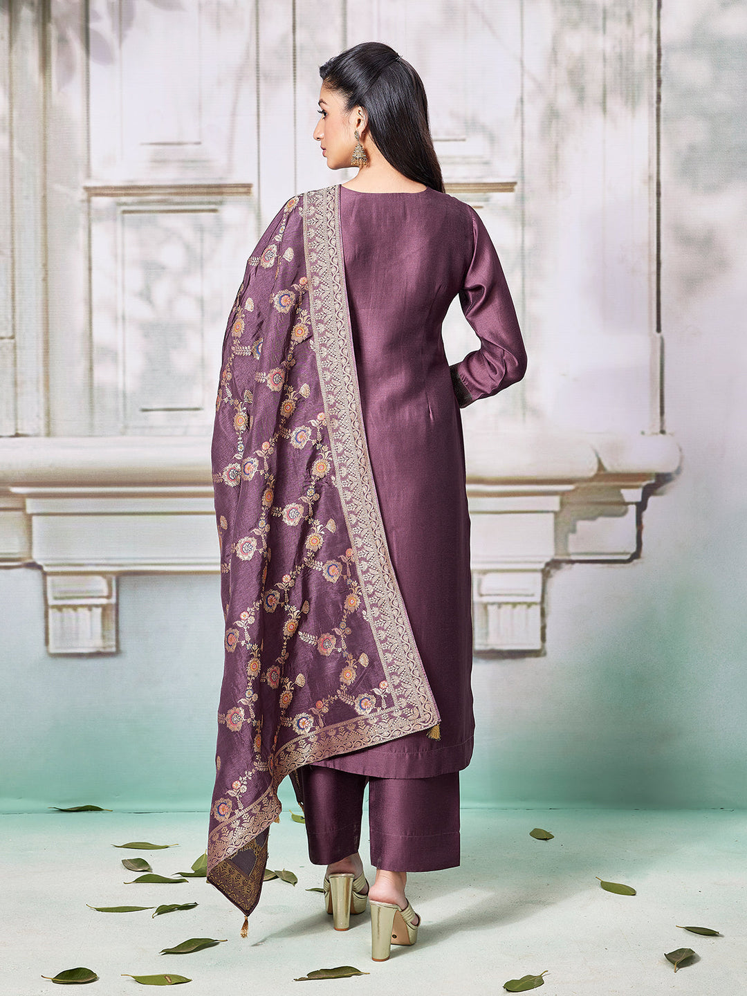 Wine Semi Silk Suit Set