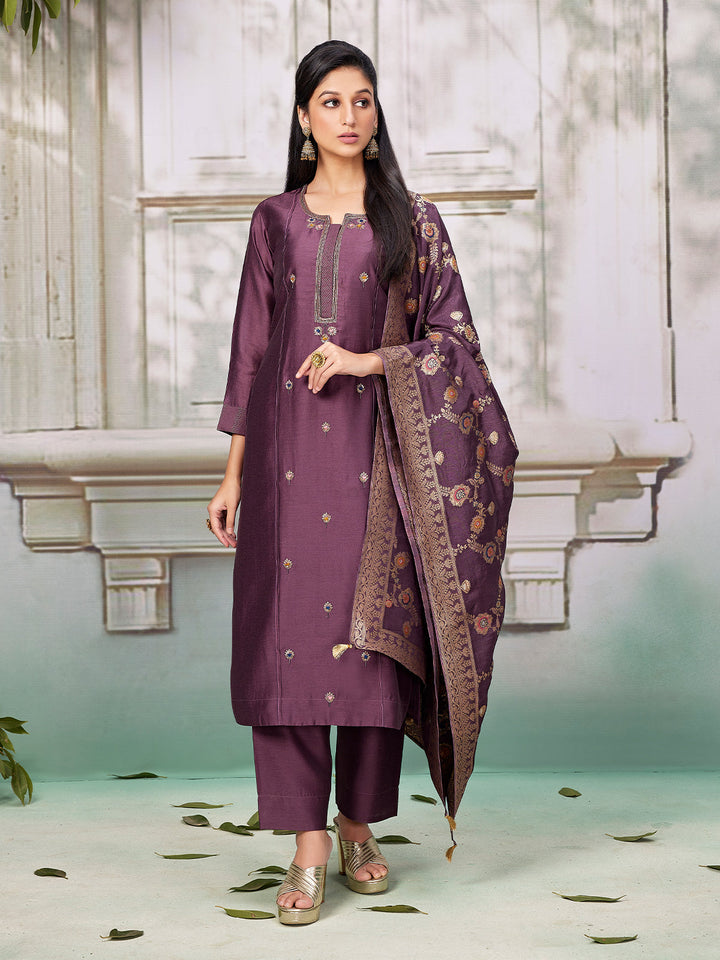 Wine Semi Silk Suit Set