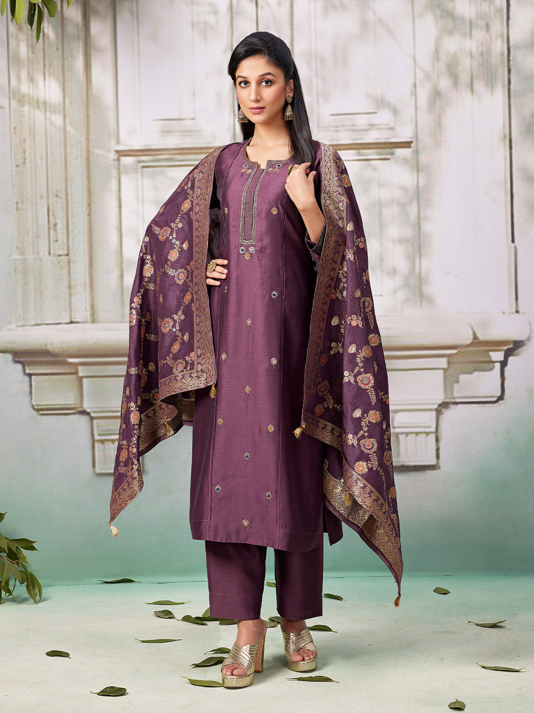 Wine Semi Silk Suit Set