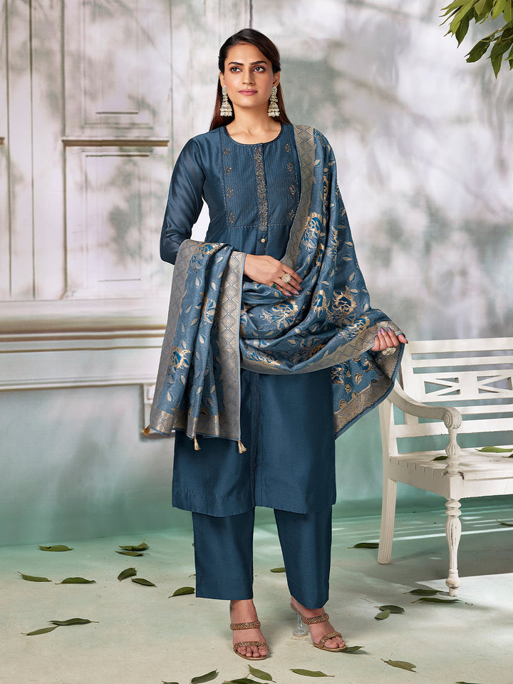 Royal Blue Semi Silk Suit Set