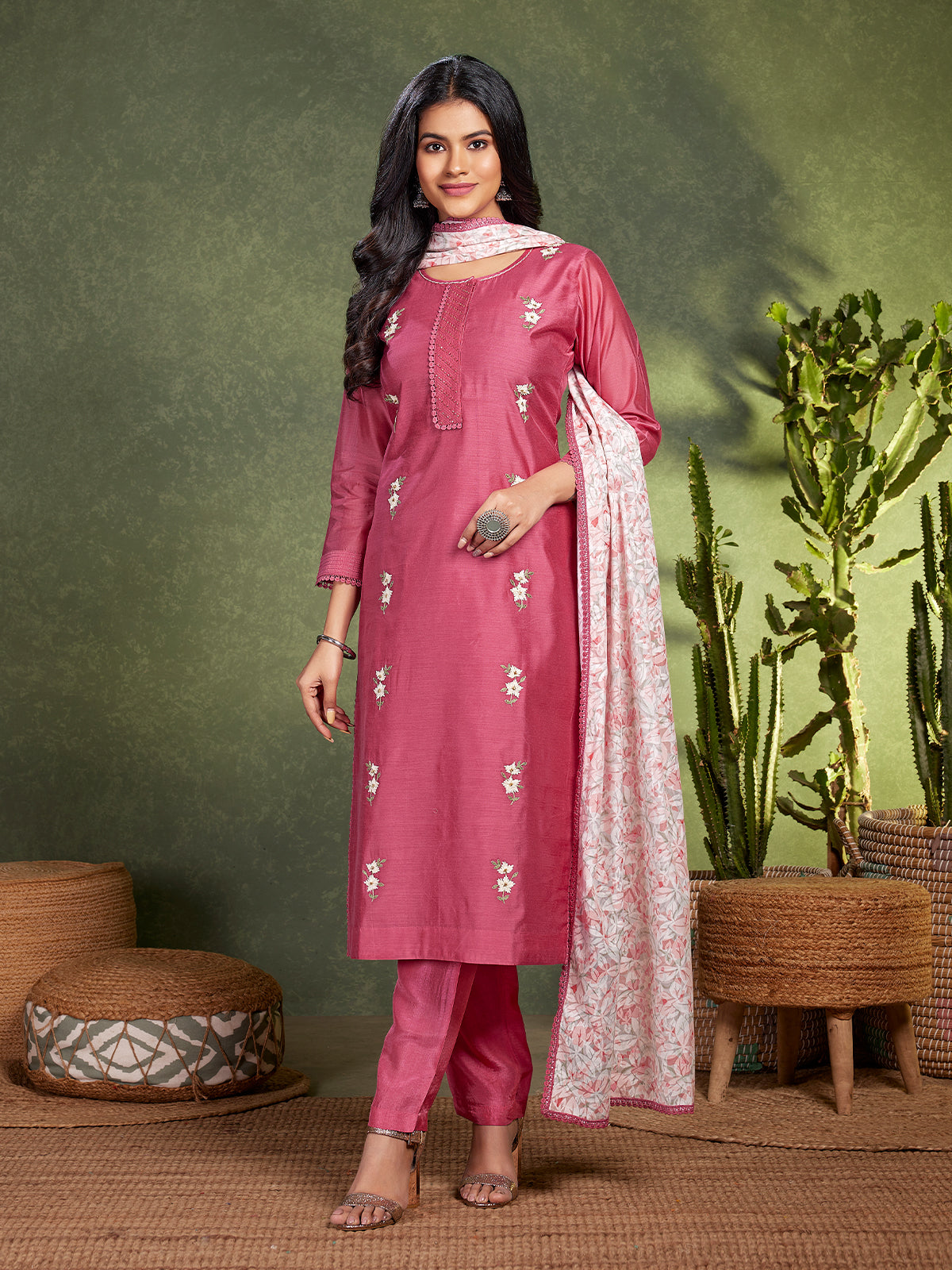 Pink Chanderi Embroidered Kurta Set with Dupatta Dressline Fashion