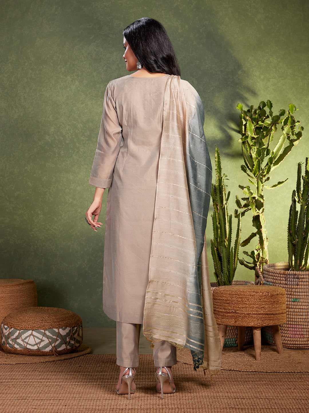 Beige Chanderi Embroidered Kurta Set with Dupatta