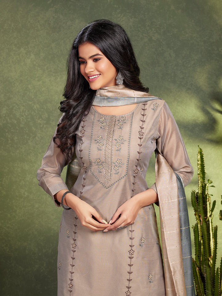 Beige Chanderi Embroidered Kurta Set with Dupatta