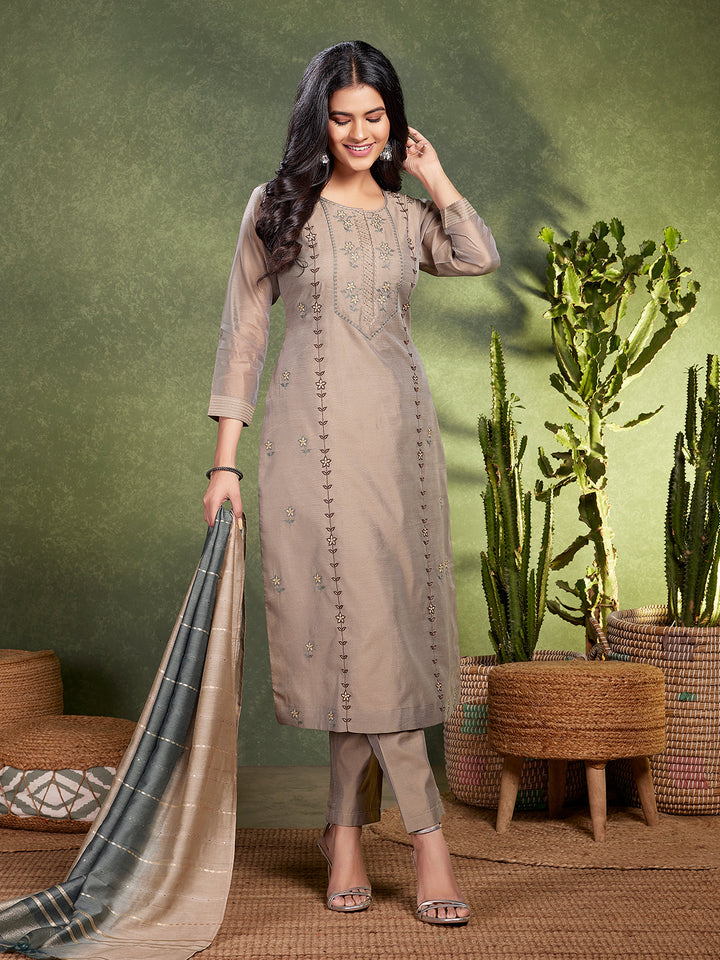 Beige Chanderi Embroidered Kurta Set with Dupatta