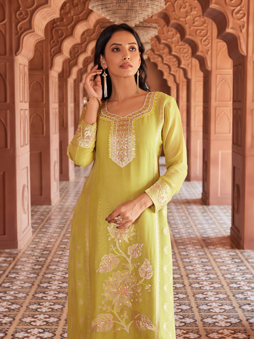 Pistachio Green Jacquard Organza Suit Set