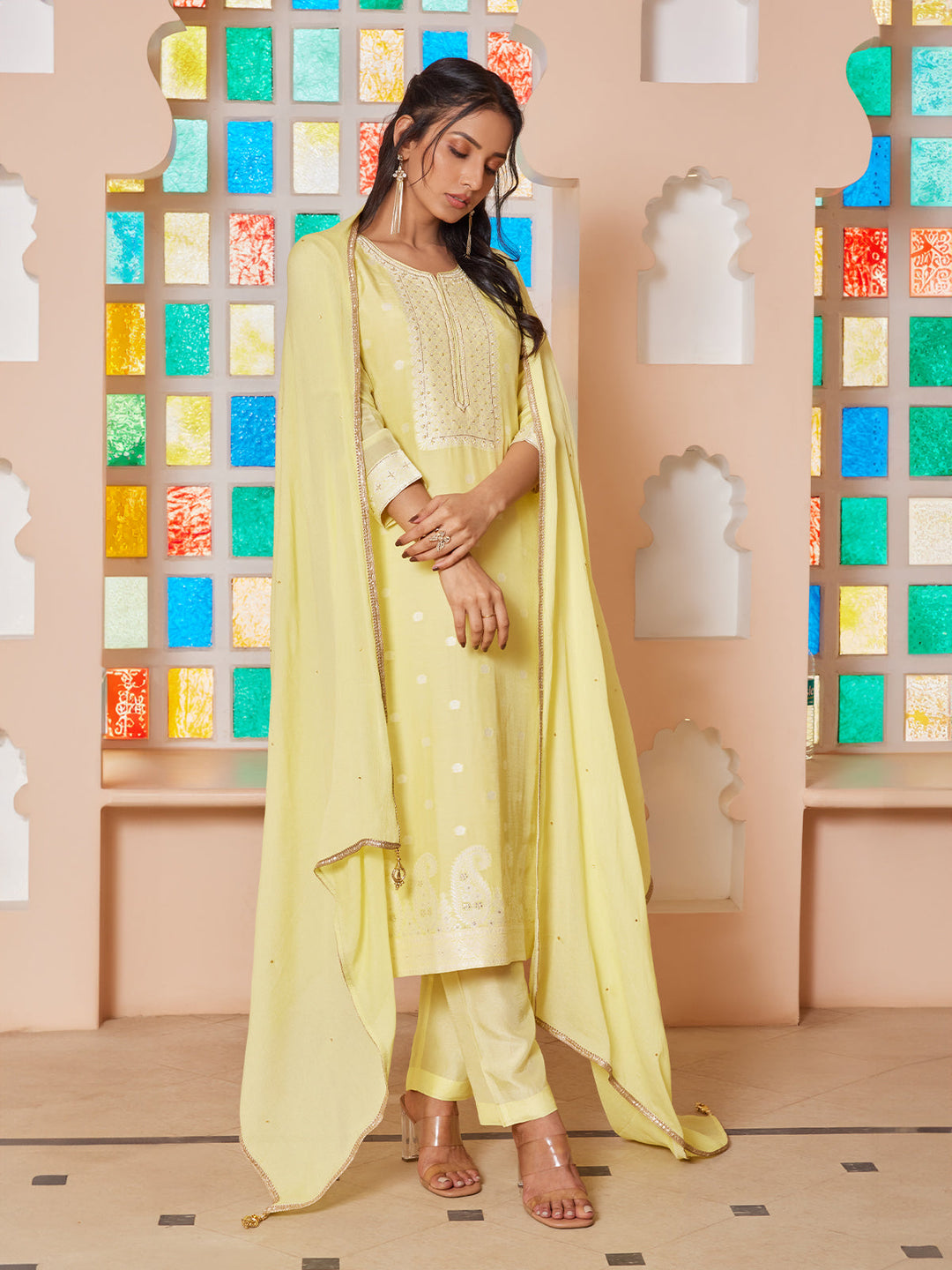 Citrus Yellow Jacquard Silk Suit Set