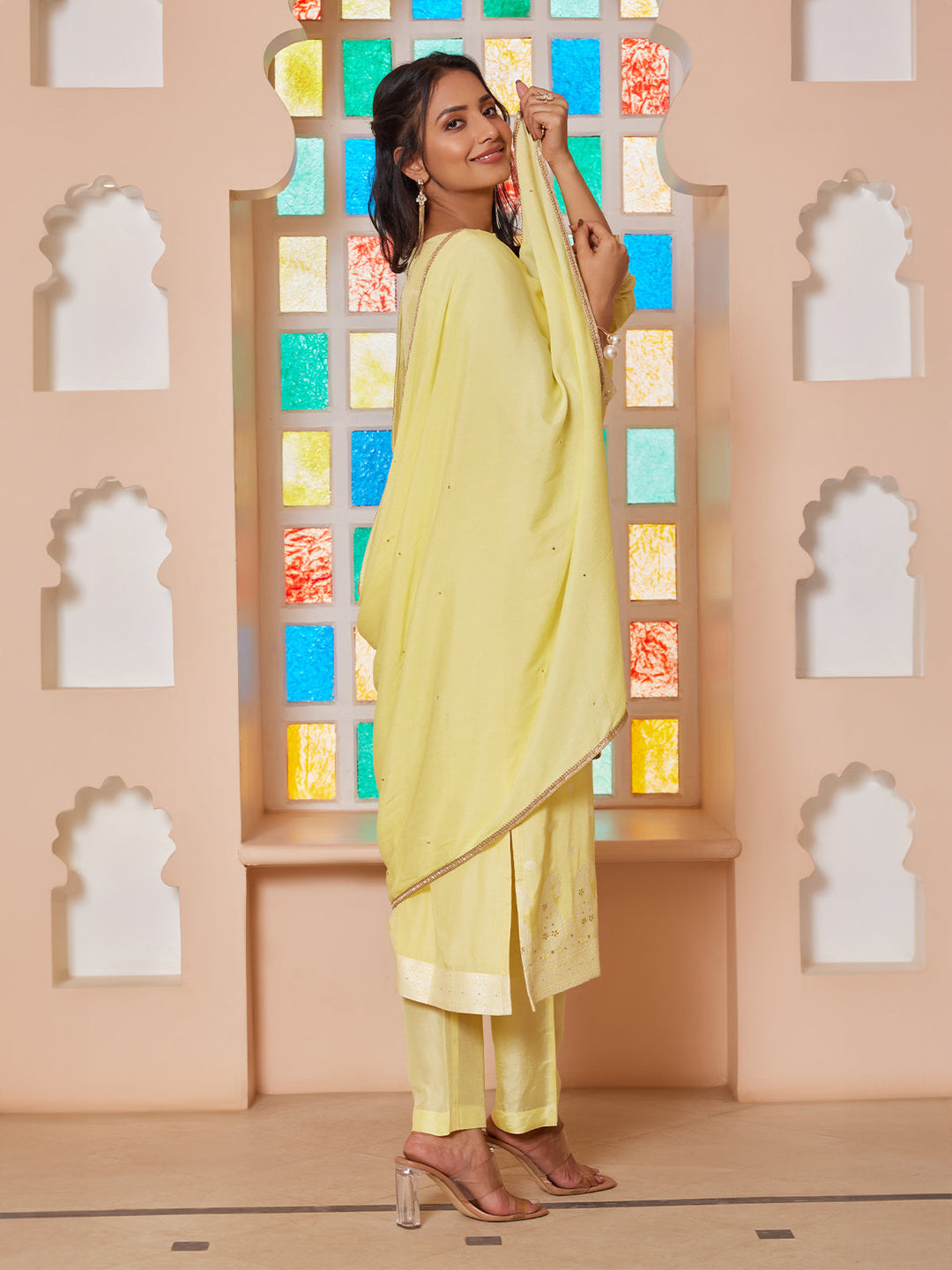 Citrus Yellow Jacquard Silk Suit Set