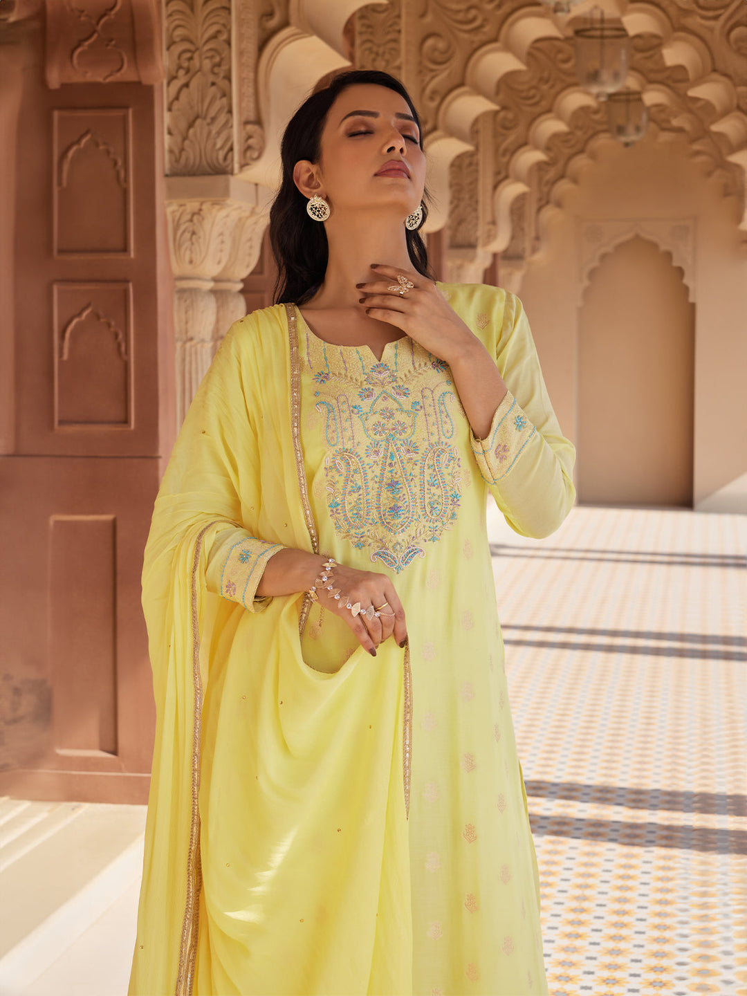 Lime Yellow Jacquard Silk Suit Set