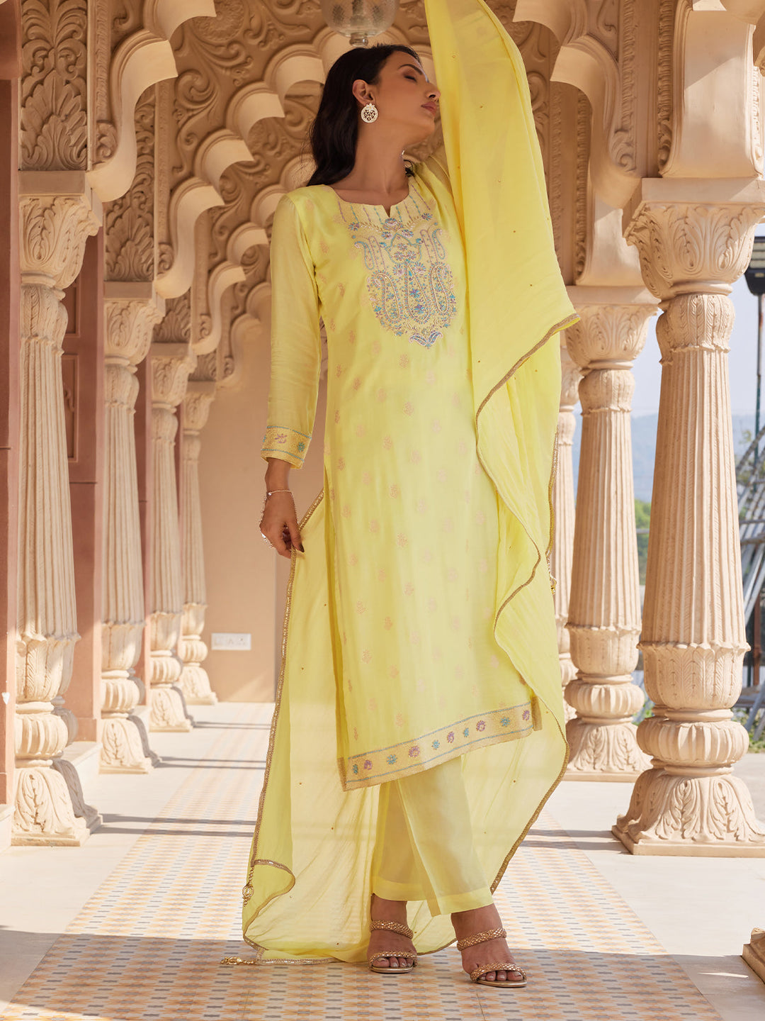 Lime Yellow Jacquard Silk Suit Set