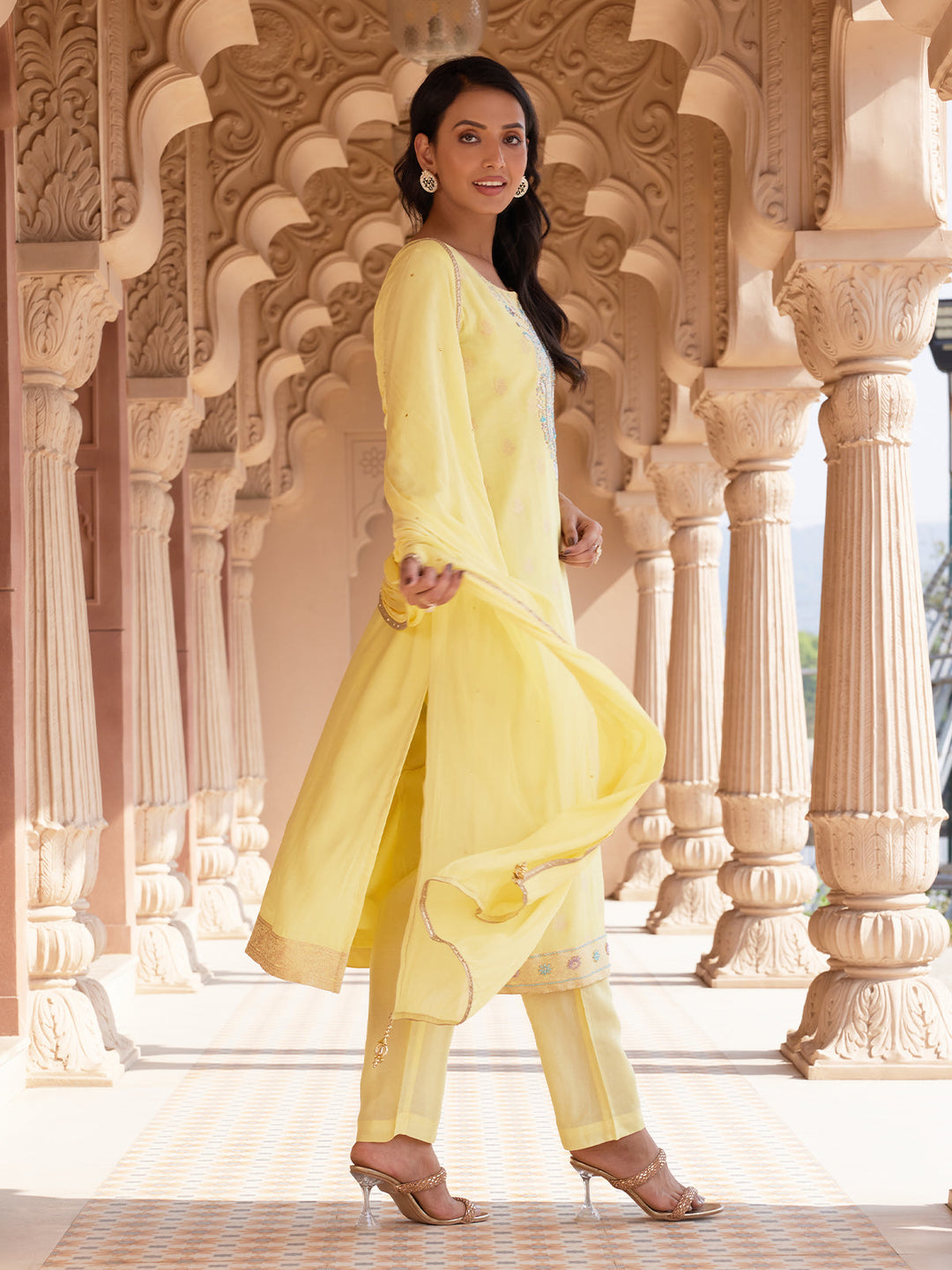 Lime Yellow Jacquard Silk Suit Set