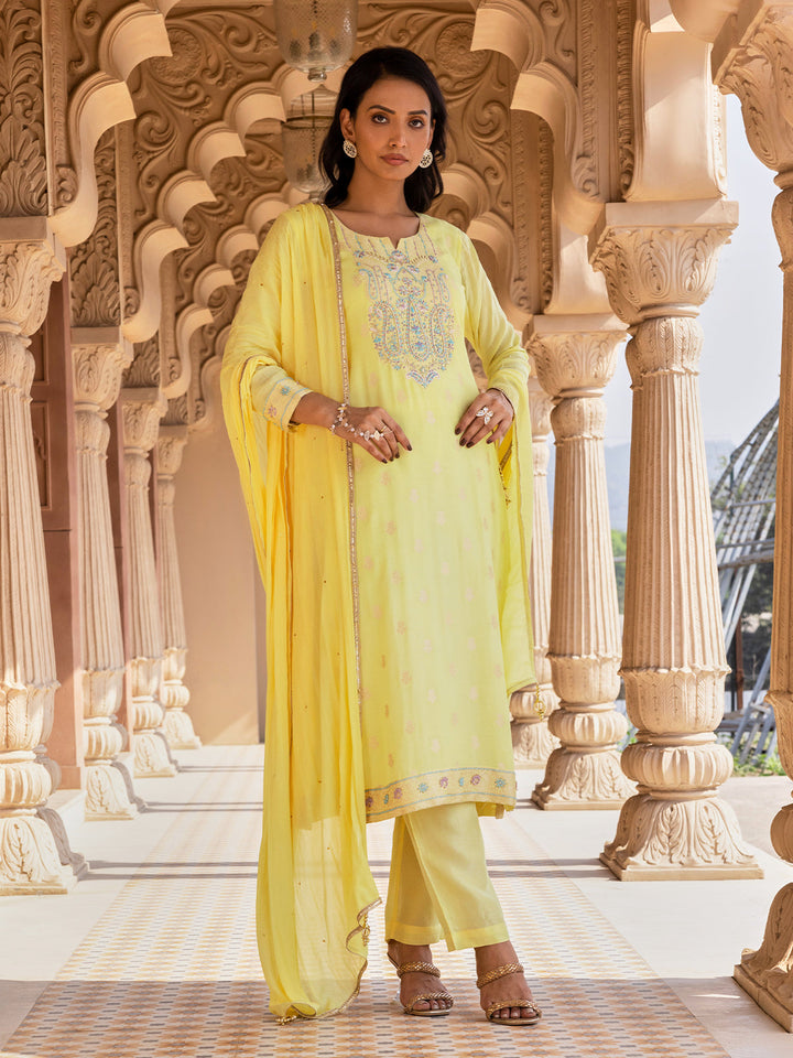 Lime Yellow Jacquard Silk Suit Set