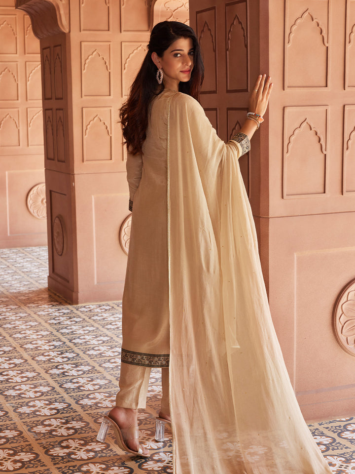 Beige Jacquard Silk Suit Set