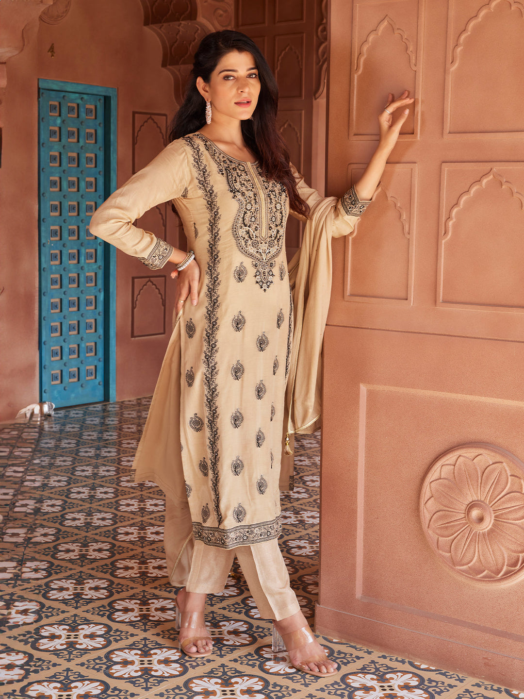 Beige Jacquard Silk Suit Set